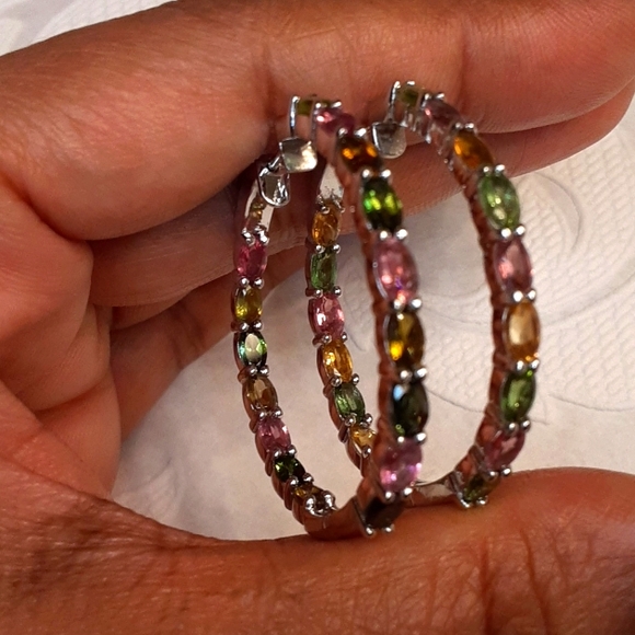 925 Genuine Multi Tourmaline,  Inside Outside Hoop Earrings. Price Is FIRM. - Picture 3 of 9